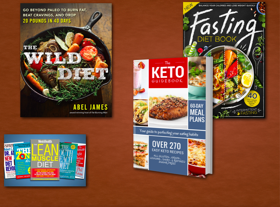 4 covers of diet books set over a brown backdrop
