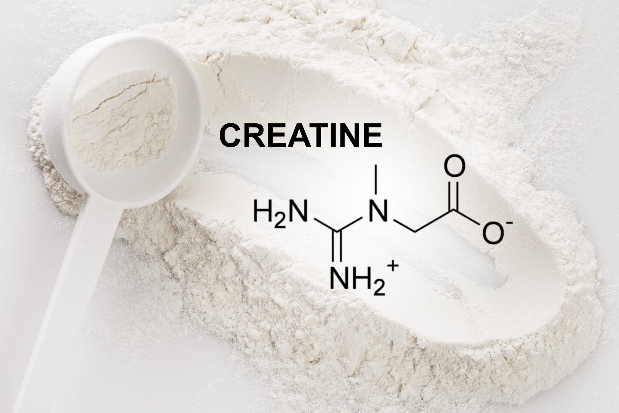 White spoon with a white powder and the chemical formula for creatine in black text.